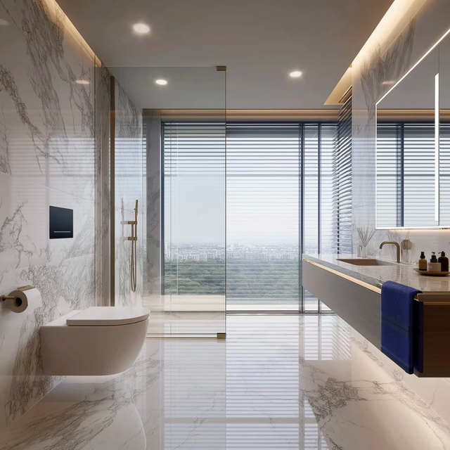 To&agrave;n bộ bộ b&agrave;n trang điểm ph&ograve;ng tắm t&ugrave;y chỉnh với lớp ho&agrave;n thiện bằng đ&aacute; cẩm thạch trắng v&agrave; bồn rửa t&iacute;ch hợp