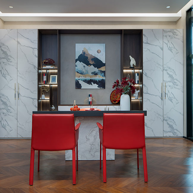 Kabinet Tearoom yang Canggih dengan Pintu Laminate Biji Moden