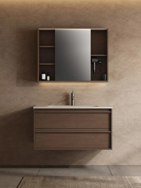 Ensemble complet de meuble-lavabo de salle de bain personnalis&eacute; avec finition en bois marron et rangement int&eacute;gr&eacute;