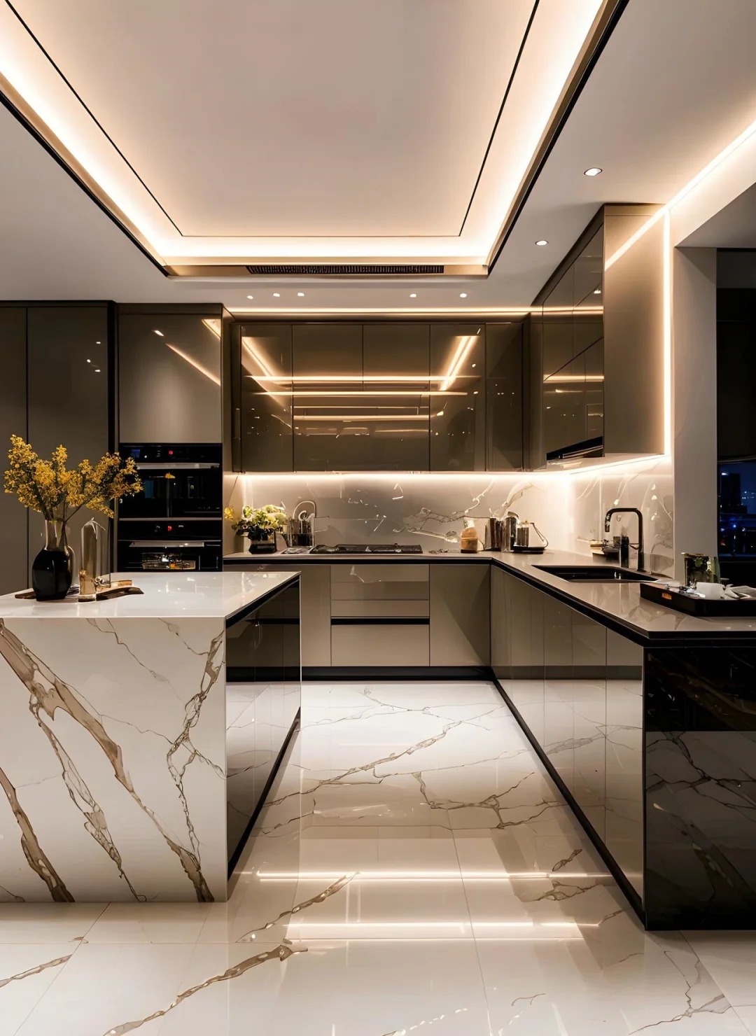 Arm&aacute;rios de cozinha abertos elegantes e modernos em formato de L