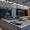 Kabinet Dapur Lacquer Matt Grey Moden dengan Pintu Pengatup Kaca dan Kabinet Pulau Masak / Reka Bentuk Kabinet Dapur Mewah Kabinet Dapur Pengatup Bergulir Kabinet Dapur Jenis Vintaj