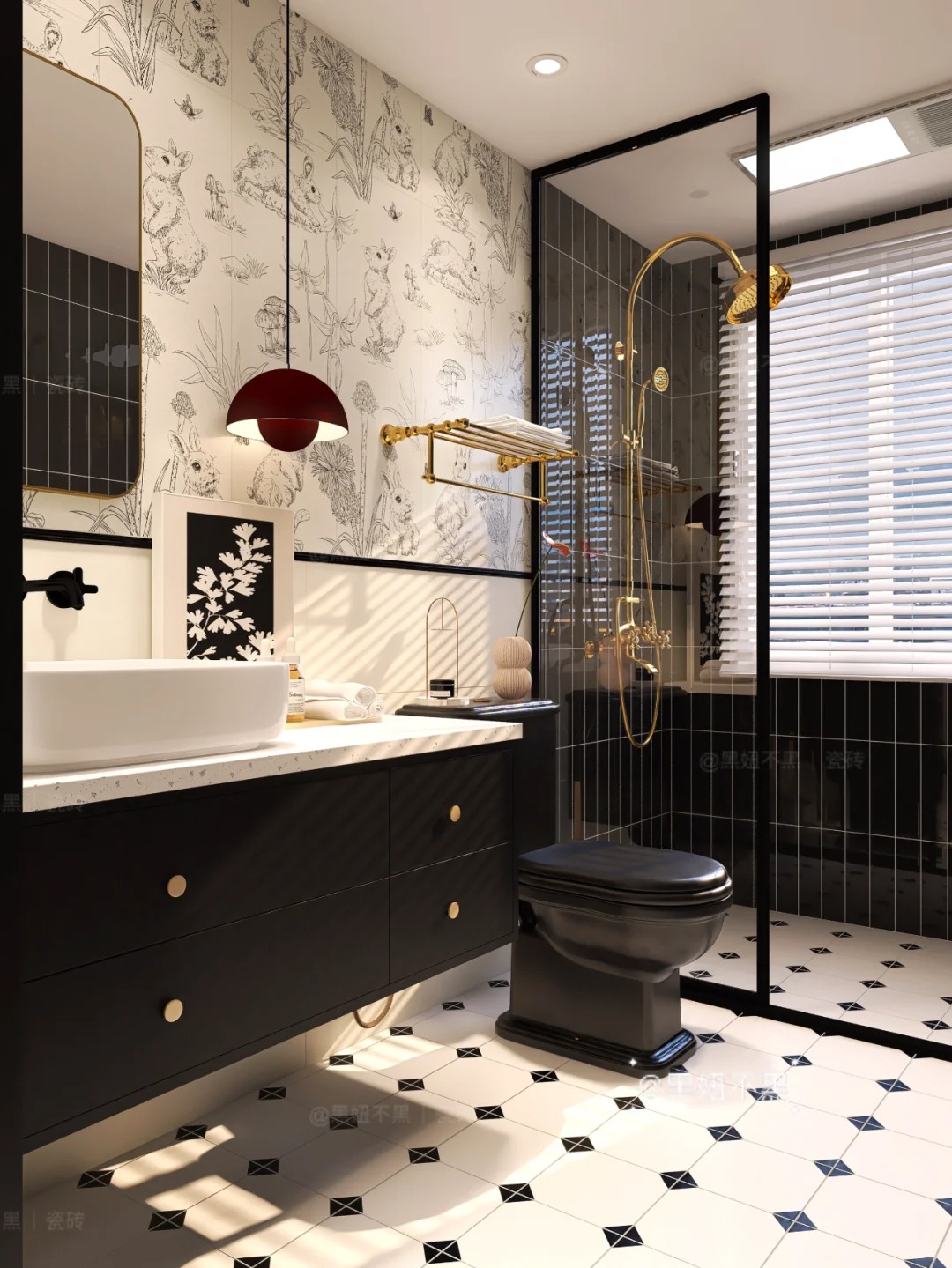 Ubatili wa bafuni nyeusi ya kifahari na marumaru - kama countertop na aesthetics ya kisasa