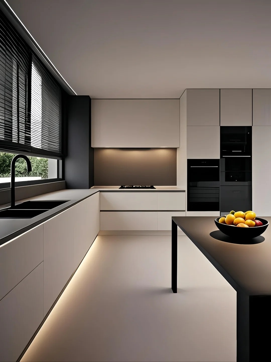 Elegant moderne - stil &aring;bent k&oslash;kken med elegante hvide - og - sorte skabe