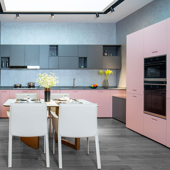 Kj&oslash;kkenskap Melamin Kj&oslash;kkenskap Matt Gr&aring; Og Rosa Lakk D&oslash;r Kj&oslash;kkenskap L-Shape Kj&oslash;kkenskap