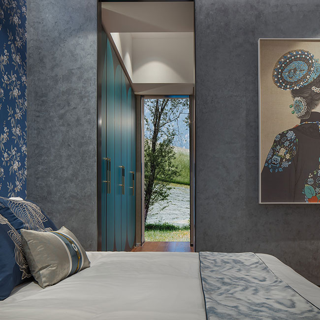 Ensemble complet de placard de chambre &agrave; coucher personnalis&eacute;, armoire en bois laqu&eacute; bleu fonc&eacute;, armoire ouverte en forme de U avec tiroirs